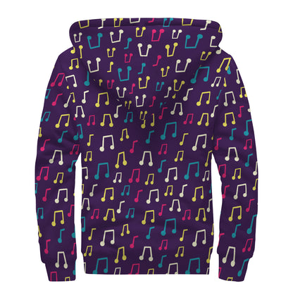 Cute Music Notes Pattern Print Sherpa Lined Zip Up Hoodie