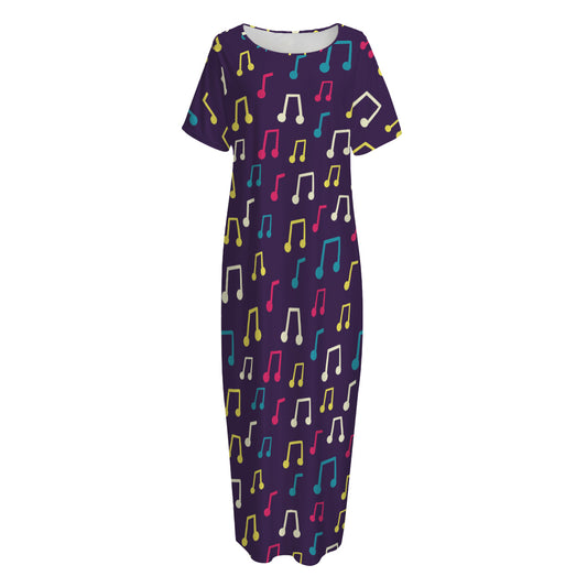 Cute Music Notes Pattern Print Short Sleeve Long Nightdress