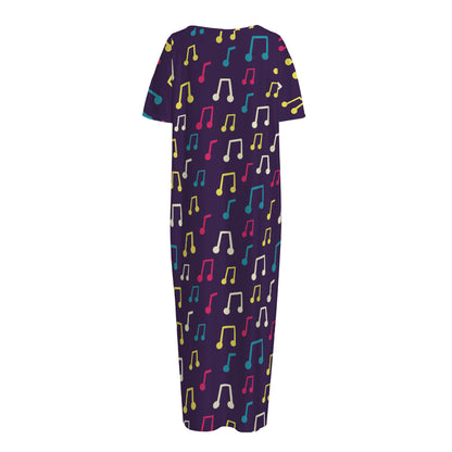 Cute Music Notes Pattern Print Short Sleeve Long Nightdress