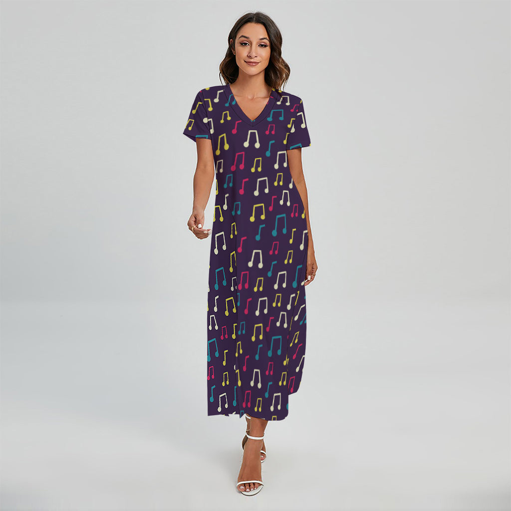 Cute Music Notes Pattern Print Short Sleeve Maxi Dress