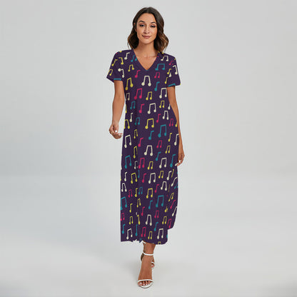 Cute Music Notes Pattern Print Short Sleeve Maxi Dress