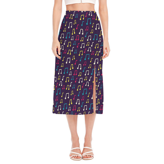 Cute Music Notes Pattern Print Side Slit Midi Skirt
