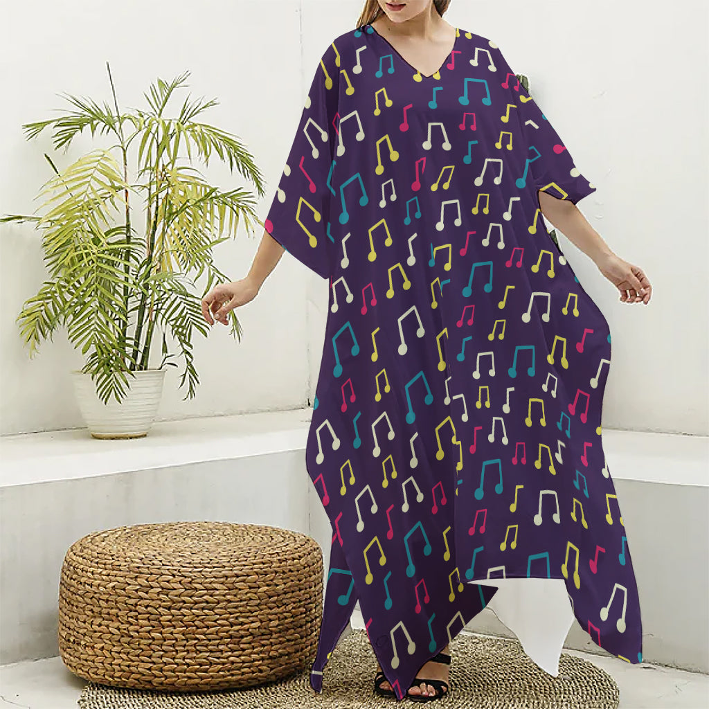 Cute Music Notes Pattern Print Silk V-Neck Kaftan Dress
