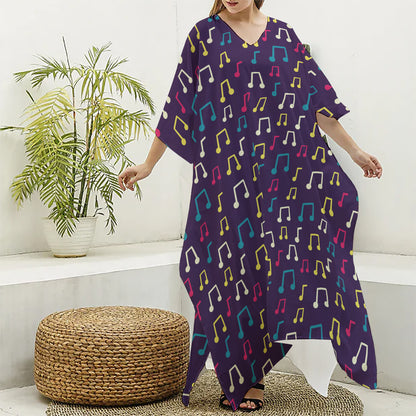 Cute Music Notes Pattern Print Silk V-Neck Kaftan Dress