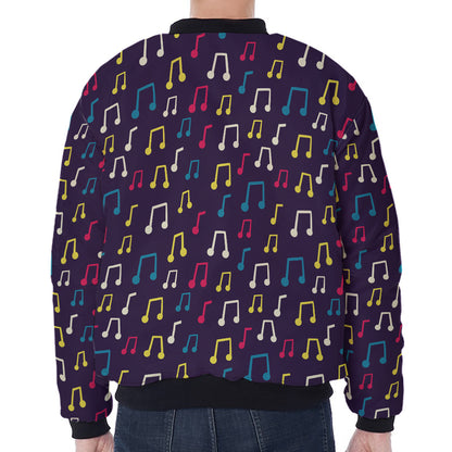 Cute Music Notes Pattern Print Zip Sleeve Bomber Jacket