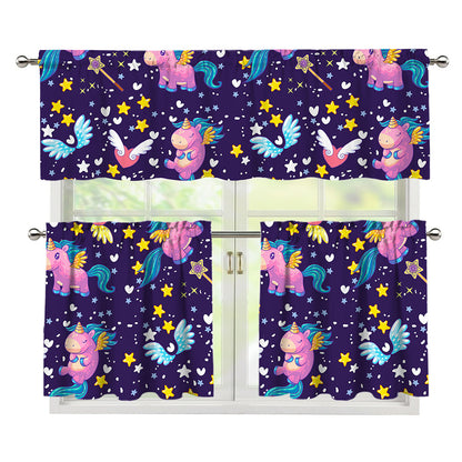 Cute Night Star Unicorn Pattern Print 3 Piece Kitchen Curtains
