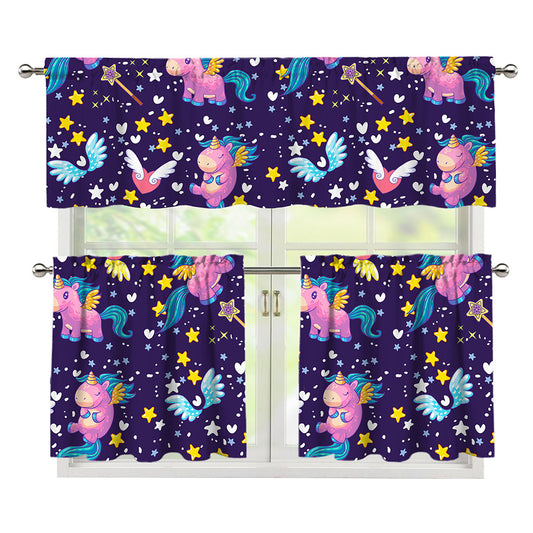 Cute Night Star Unicorn Pattern Print 3 Piece Kitchen Curtains