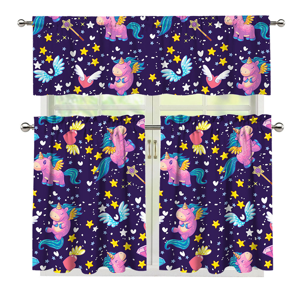 Cute Night Star Unicorn Pattern Print 3 Piece Kitchen Curtains