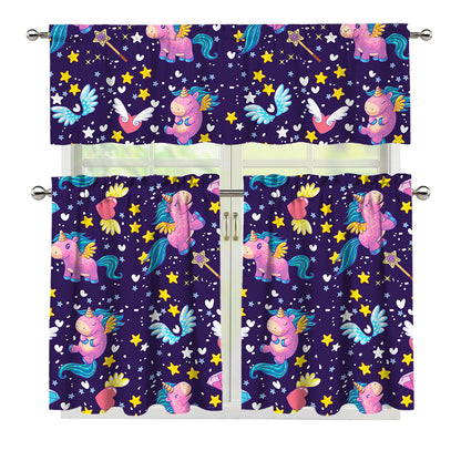 Cute Night Star Unicorn Pattern Print 3 Piece Kitchen Curtains