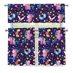 Cute Night Star Unicorn Pattern Print 3 Piece Kitchen Curtains