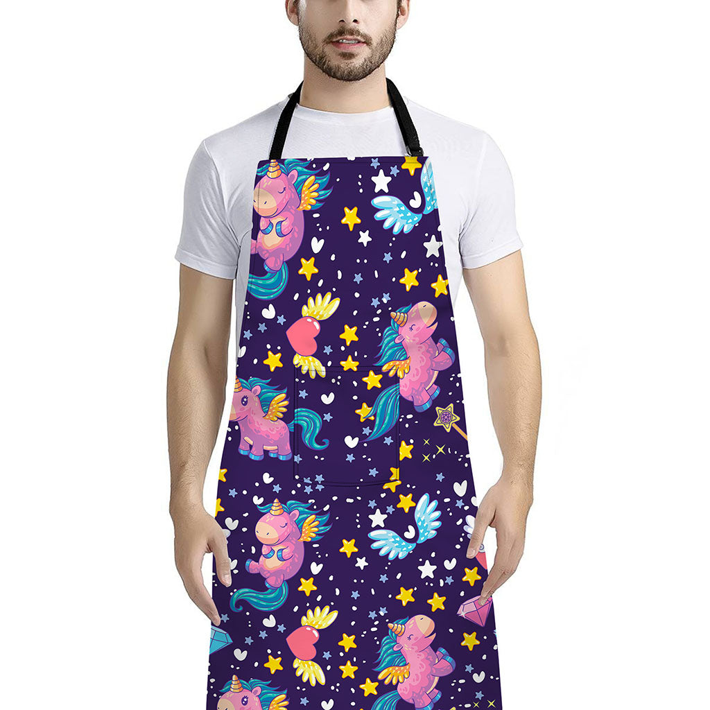 Cute Night Star Unicorn Pattern Print Bib Apron With Pocket