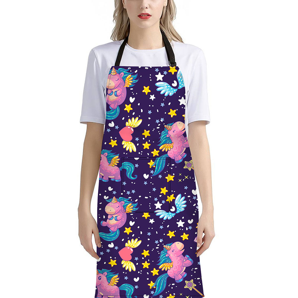 Cute Night Star Unicorn Pattern Print Bib Apron With Pocket