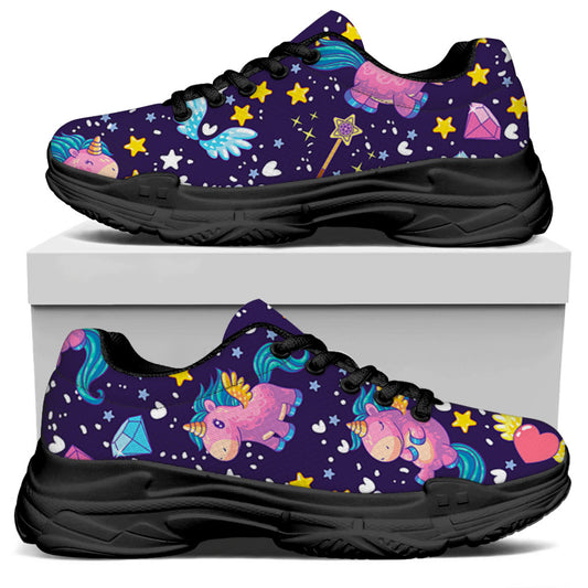 Cute Night Star Unicorn Pattern Print Black Chunky Shoes