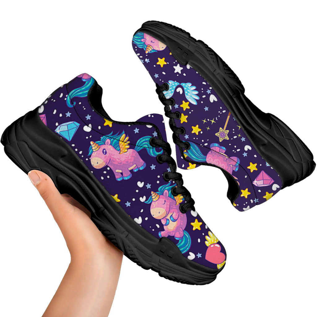 Cute Night Star Unicorn Pattern Print Black Chunky Shoes