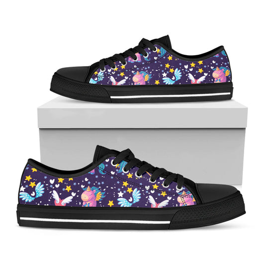 Cute Night Star Unicorn Pattern Print Black Low Top Sneakers