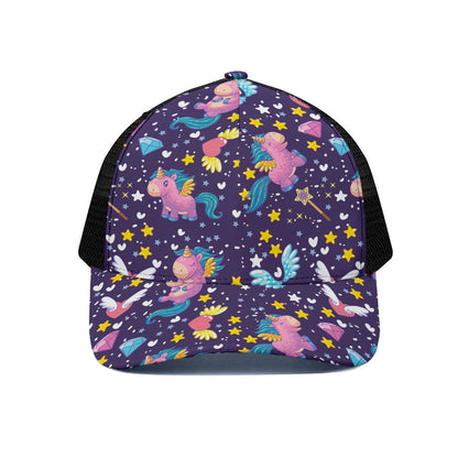 Cute Night Star Unicorn Pattern Print Black Mesh Trucker Cap