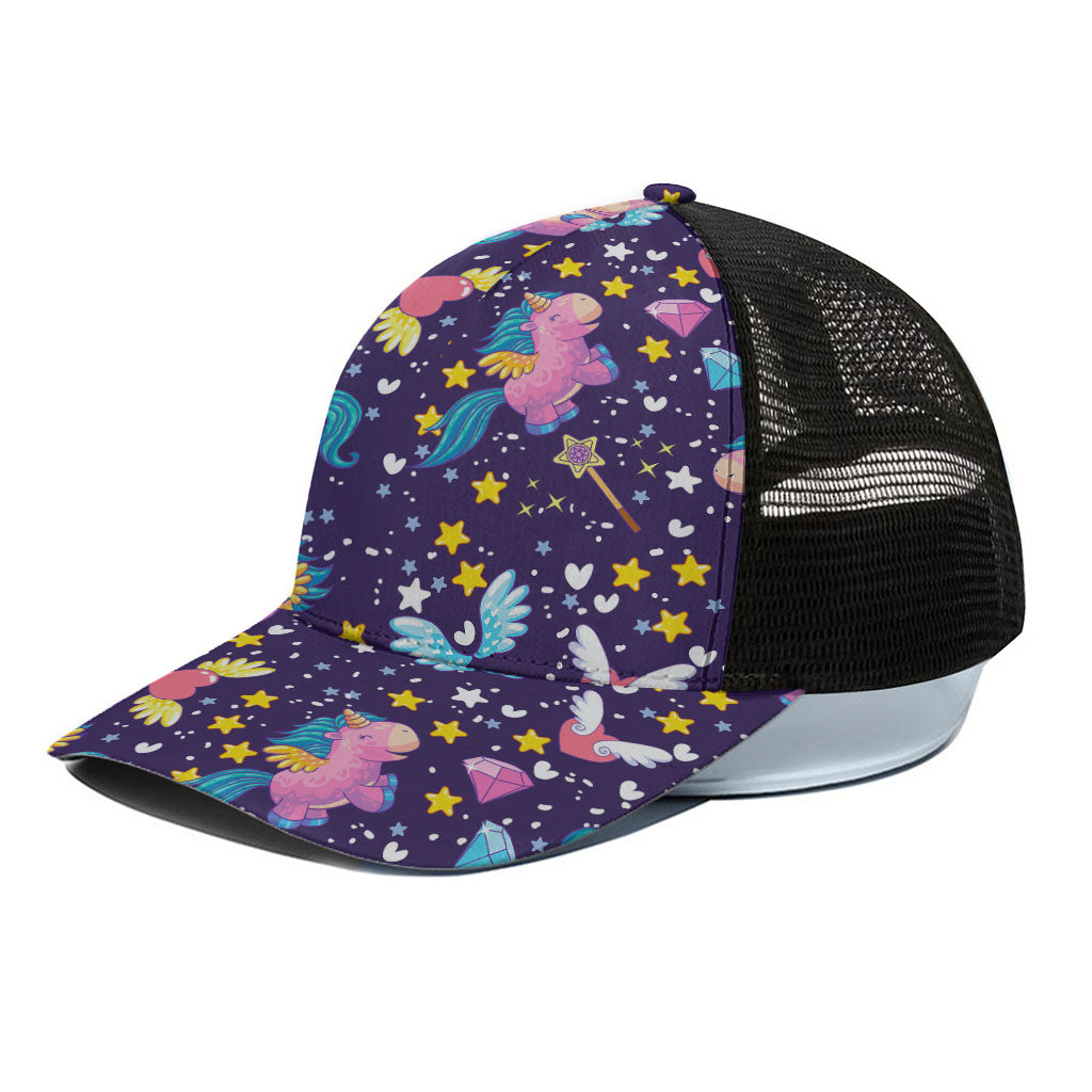 Cute Night Star Unicorn Pattern Print Black Mesh Trucker Cap