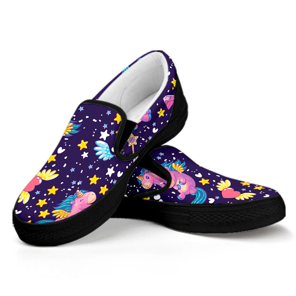 Cute Night Star Unicorn Pattern Print Black Slip On Sneakers