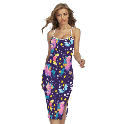 Cute Night Star Unicorn Pattern Print Cross Back Cami Dress