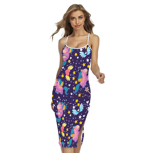 Cute Night Star Unicorn Pattern Print Cross Back Cami Dress