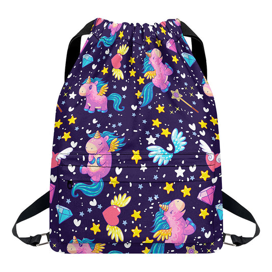 Cute Night Star Unicorn Pattern Print Drawstring Backpack