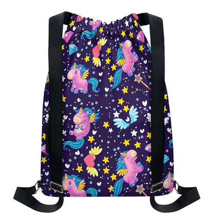 Cute Night Star Unicorn Pattern Print Drawstring Backpack