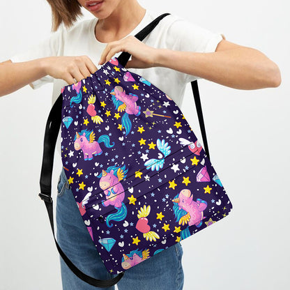 Cute Night Star Unicorn Pattern Print Drawstring Backpack