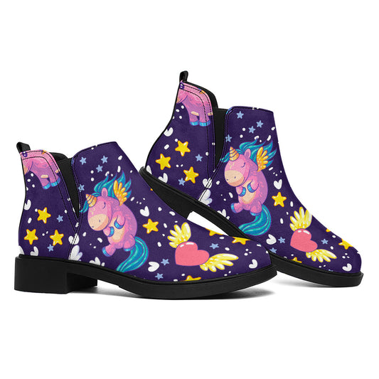 Cute Night Star Unicorn Pattern Print Flat Ankle Boots