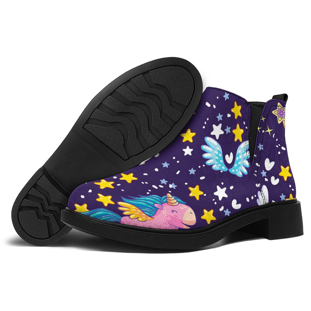 Cute Night Star Unicorn Pattern Print Flat Ankle Boots