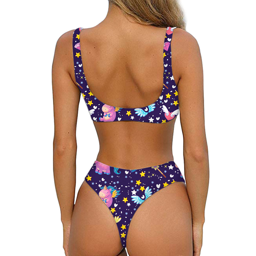 Cute Night Star Unicorn Pattern Print Front Bow Tie Bikini