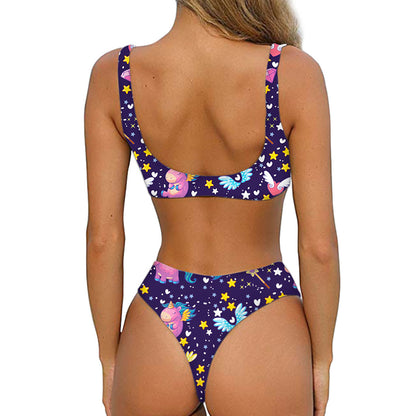 Cute Night Star Unicorn Pattern Print Front Bow Tie Bikini