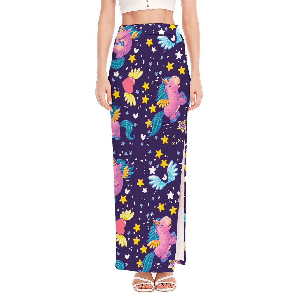 Cute Night Star Unicorn Pattern Print High Slit Maxi Skirt