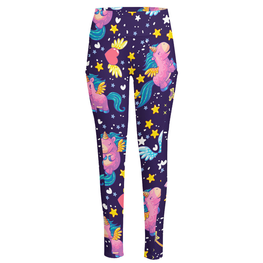 Cute Night Star Unicorn Pattern Print High-Waisted Pocket Leggings