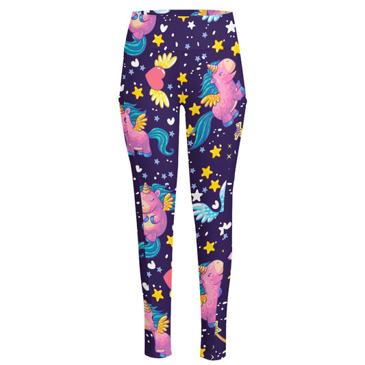 Cute Night Star Unicorn Pattern Print High-Waisted Pocket Leggings