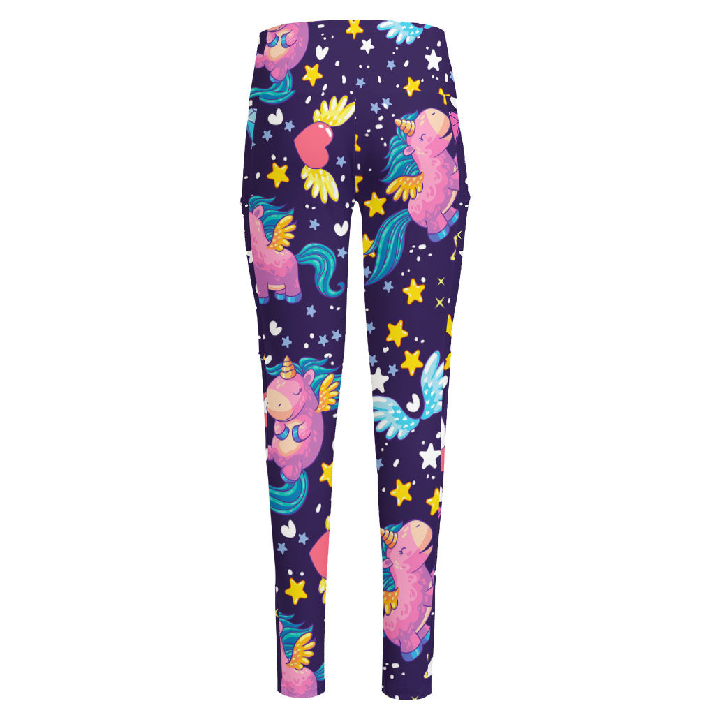 Cute Night Star Unicorn Pattern Print High-Waisted Pocket Leggings