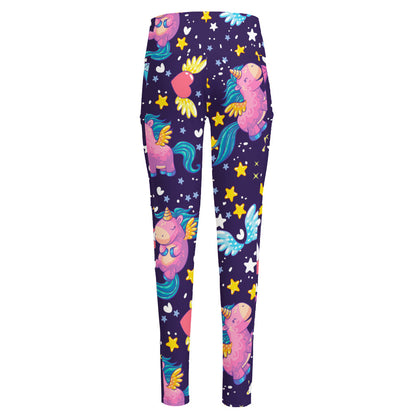 Cute Night Star Unicorn Pattern Print High-Waisted Pocket Leggings