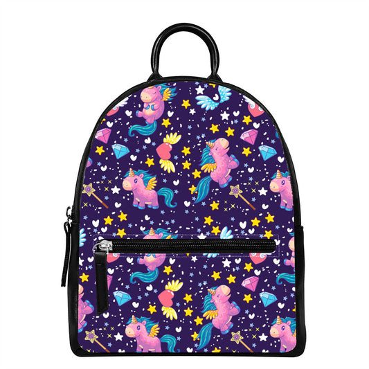 Cute Night Star Unicorn Pattern Print Leather Backpack