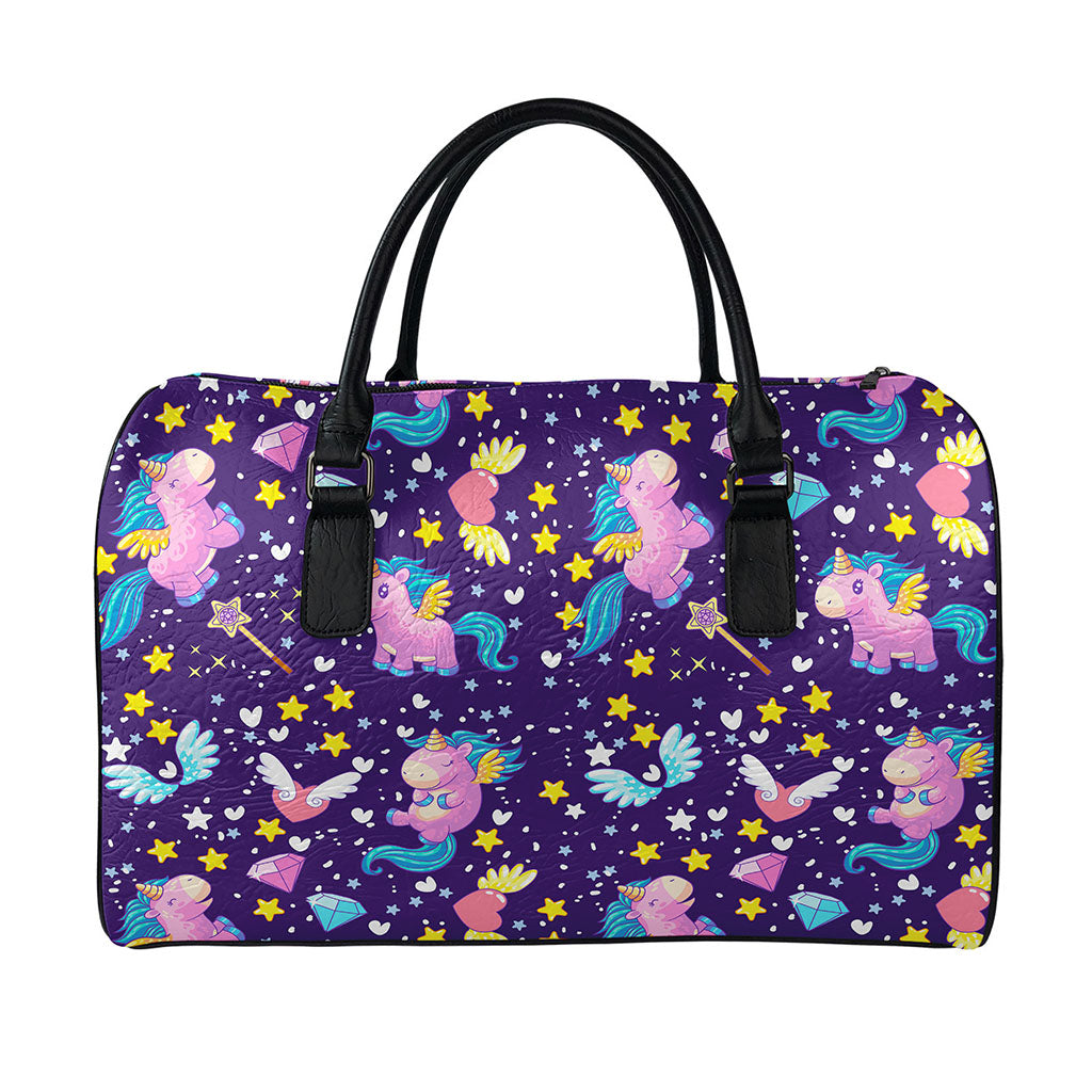 Cute Night Star Unicorn Pattern Print Leather Duffle Bag