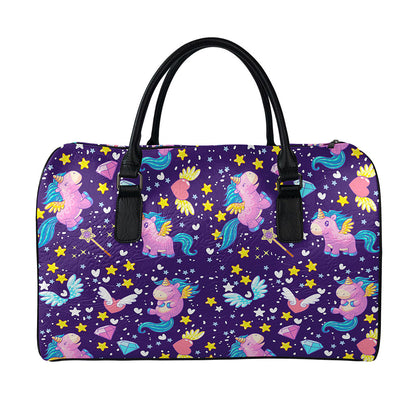 Cute Night Star Unicorn Pattern Print Leather Duffle Bag