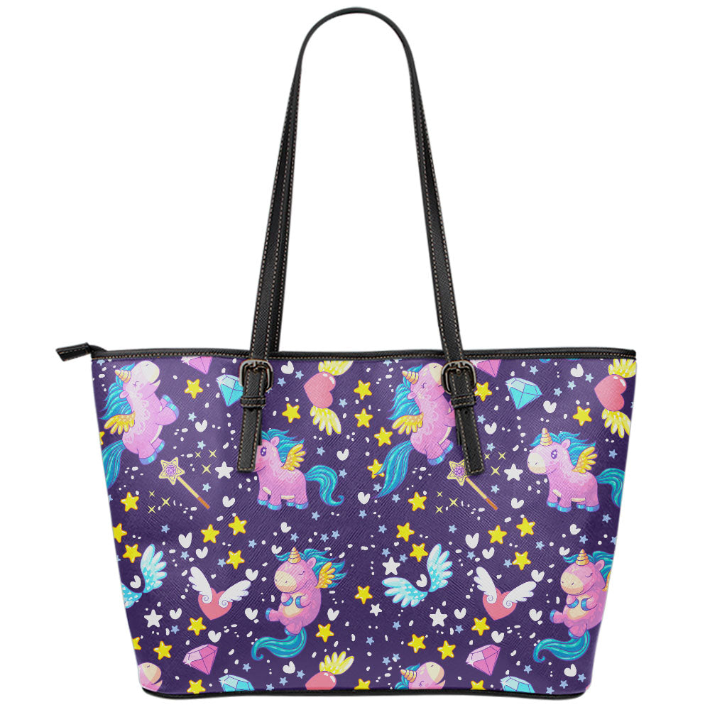 Cute Night Star Unicorn Pattern Print Leather Tote Bag