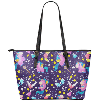 Cute Night Star Unicorn Pattern Print Leather Tote Bag