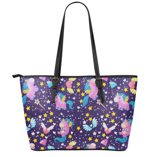 Cute Night Star Unicorn Pattern Print Leather Tote Bag