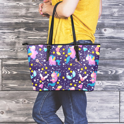 Cute Night Star Unicorn Pattern Print Leather Tote Bag