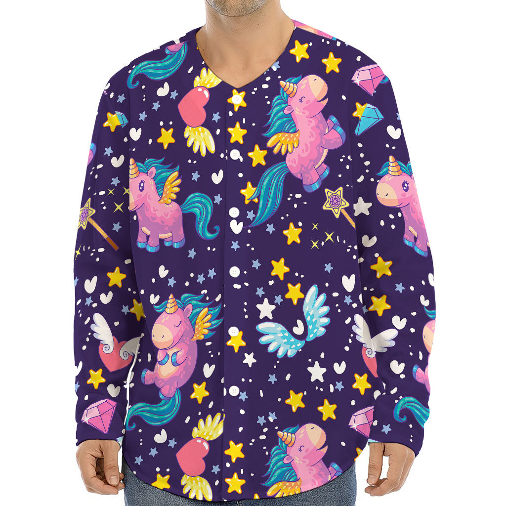 Cute Night Star Unicorn Pattern Print Long Sleeve Baseball Jersey
