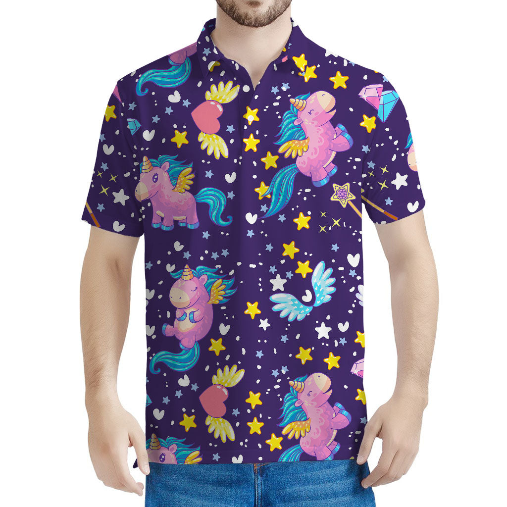 Cute Night Star Unicorn Pattern Print Men's Polo Shirt