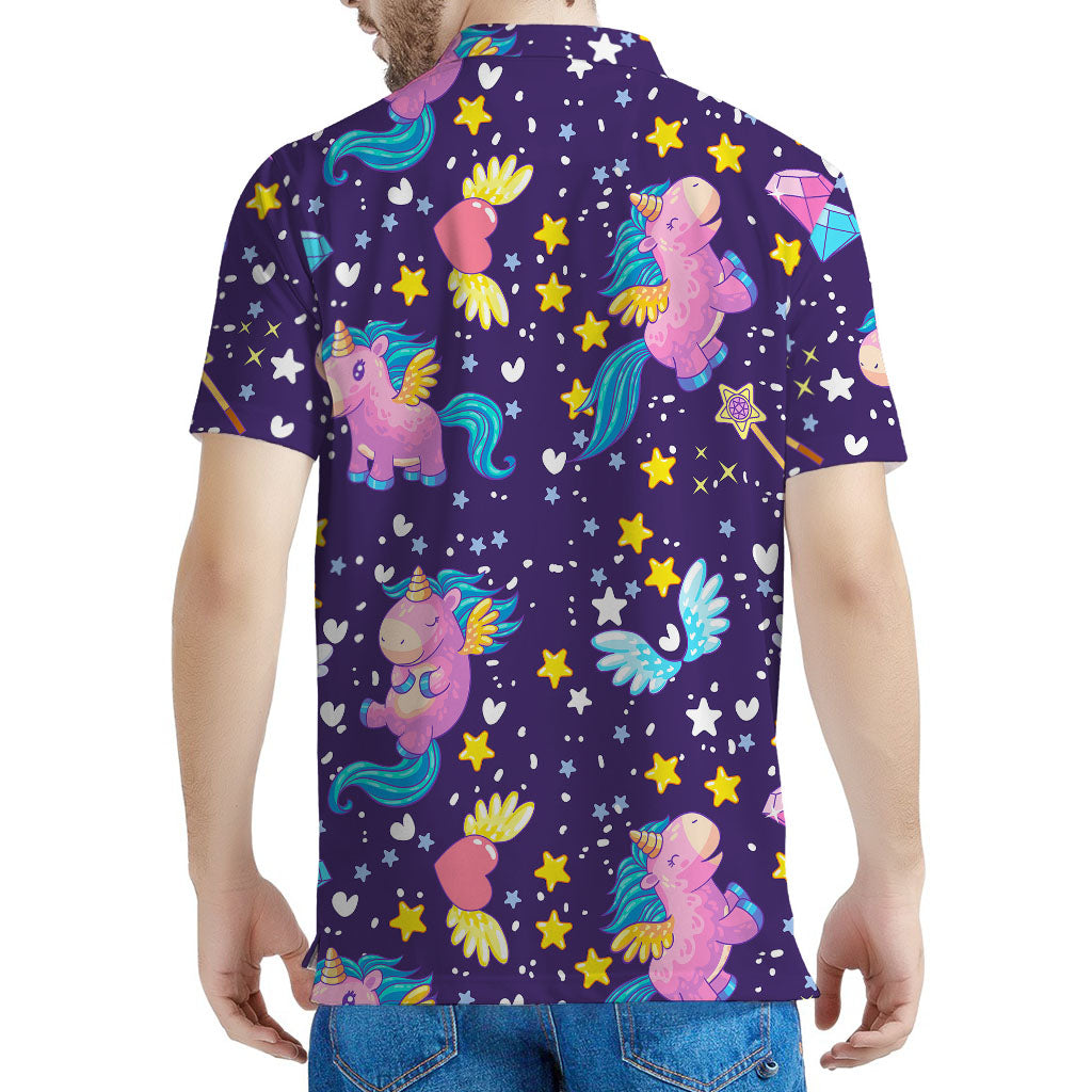 Cute Night Star Unicorn Pattern Print Men's Polo Shirt