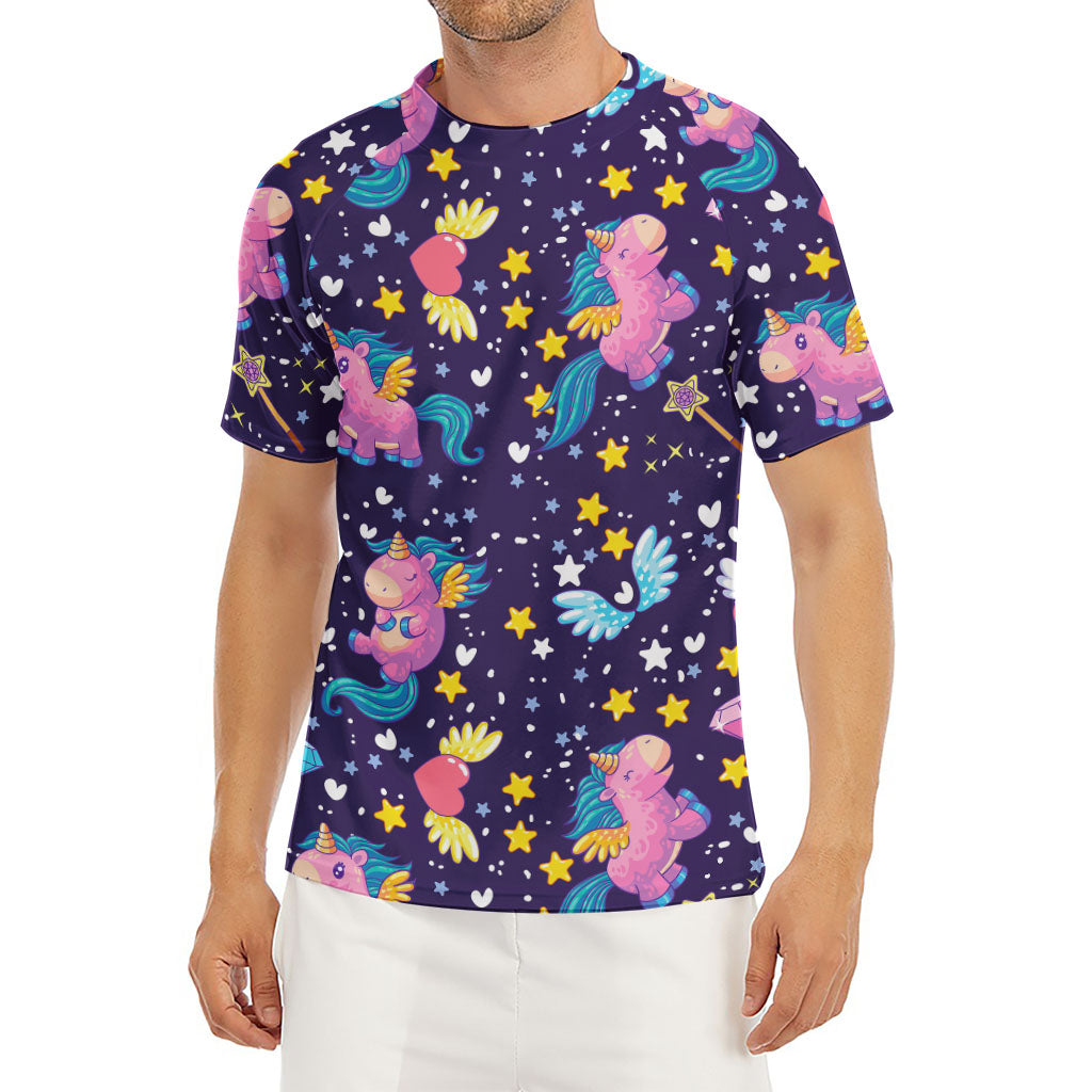 Cute Night Star Unicorn Pattern Print Men's Short Sleeve Rash Guard