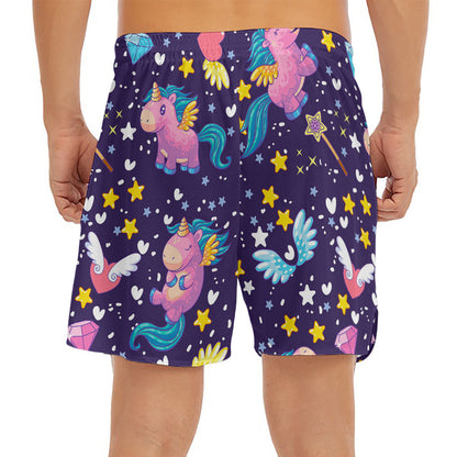 Cute Night Star Unicorn Pattern Print Men's Split Running Shorts