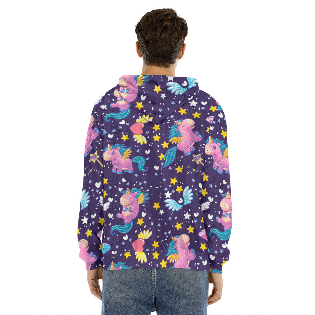 Cute Night Star Unicorn Pattern Print Men's Velvet Pullover Hoodie