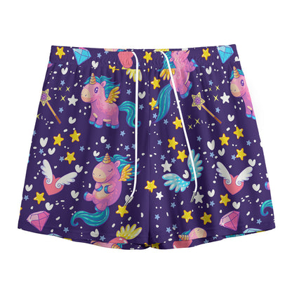 Cute Night Star Unicorn Pattern Print Mesh Shorts